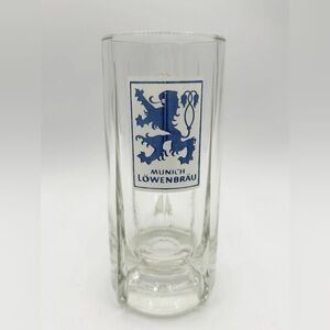 Vintage LOWENBRAU MUNICH Clear Glass German Beer Mug Stein 10 oz 6.25”